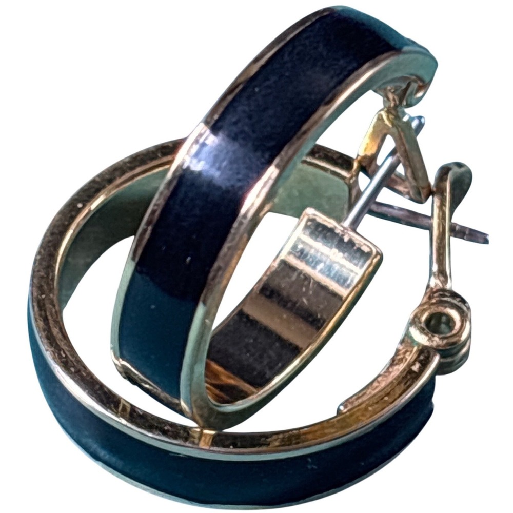 Vintage Monet Black Enamel Gold Hoop Earrings Pat 240252 Hinged Click Top 3/4"
